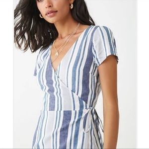 FOREVER 21 Wrap Tie Side Dress Blue and White Stripes (Small)